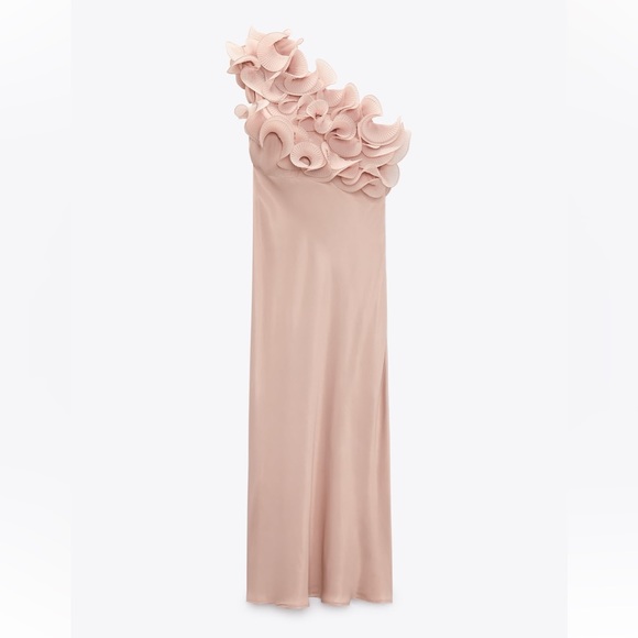 Zara RUFFLED SATIN EFFECT DRESS. Beige-Pink. Size S. New with Tag. - Picture 6 of 8